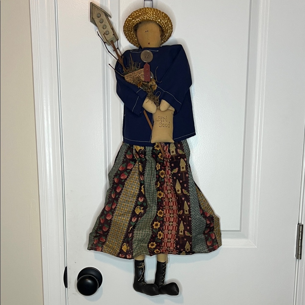 Primitive Handcrafted Folk Art Doll with Patchwork Skirt for the Bird Lover